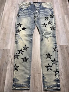 AMIRI Men's Distressed Bandana Star Patch Jeans Size 36 Stonewash Whiskers - Picture 1 of 14
