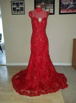 Vestido de graduación rojo talla 6 sirena sin mangas lentejuelas cuchara barrido HEBEOS Foto 1 de 3