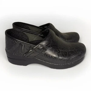 Women's Size EU 38, US 7.5 Dansko Professional Black Tooled Floral Leather Clogs - Picture 1 of 9