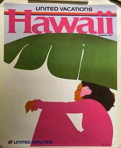 Poster da viaggio hawaiano United Airlines originale d'epoca anni 80, retro in lino - Foto 1 di 3