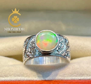 White Opal Sterling Silver Ring – Engraved Band, Elegant and Unique Gift Jewelry - Picture 1 of 7