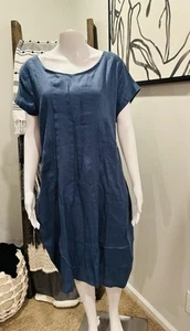 Abito Lisa Bayne lino realxed Lagenlook aderente blu tasche oversize donna M - Foto 1 di 15
