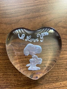Vintage Snoopy & Woodstock Clear Crystal Glass HEART Paperweight "I Love You" - Picture 1 of 2