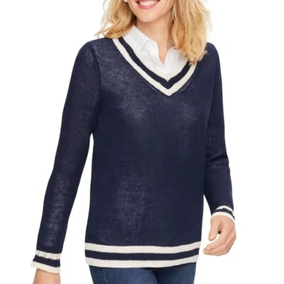 Talbots 亚麻黑色白色网球 V 领毛衣学院风可持续 M 码 — 第 1/4 张图片