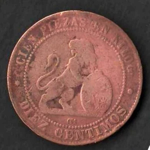 SPAGNA 1870 Ottima Moneta Rotonda Rame Liscia 10 Centimos KM# 663 - Foto 1 di 2