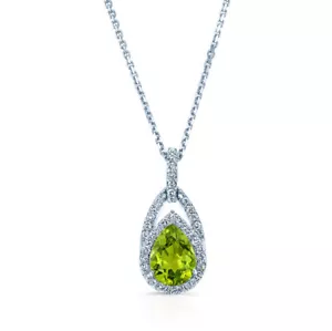 14k Oro Blanco Corte Pera Peridoto Diamante Halo Colgante Lágrima Collar Natural - Imagen 1 de 3