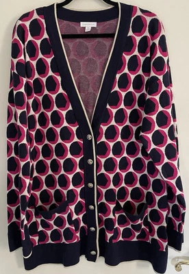 Charter Club Cardigan Sweater Pink Navy Blue White Geometric Print Vneck XXL - Image 1 of 4