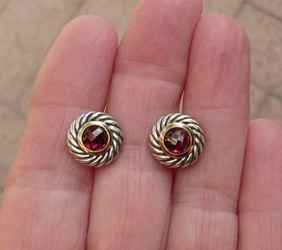Rare & Retired David Yurman LARGE Garnet Cookie Earrings 18K/925 - DY Backs - Image 1 of 4