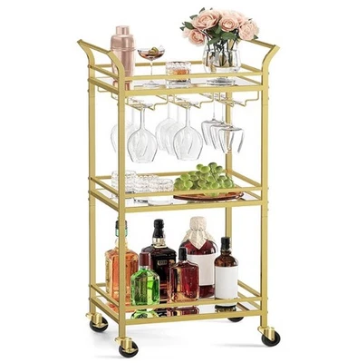 Stylish Gold Drinks Trolley 3 Tier Bar Cart on Wheels Mirrored Glass Shelves - Image 1 of 2
