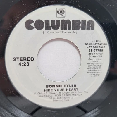 Bonnie Tyler Hide Your Heart promo 7" 45rpm M- Vinyl 80's Record 45 - Image 1 of 2