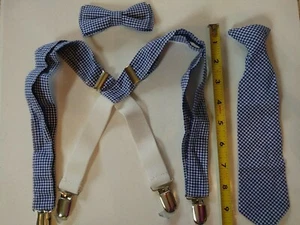 Boys Blue White Cotton Checkered 9.5" Tie And Suspenders - Picture 1 of 12