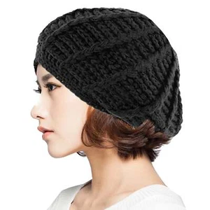 Women Ladies Baggy Beret Chunky Knit Knitted Braided Beanie Hat Ski Cap Black - Picture 1 of 7