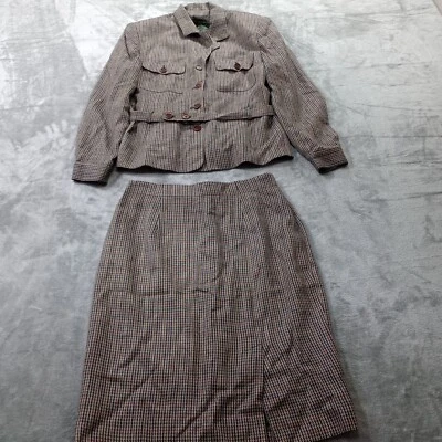 Traje De Colección Mujer Falda Lápiz Chaqueta 10 Marrón A Cuadros Seda Lana Worsted Preppy Foto 1 de 4