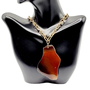 Carnelian Free Form Agate Slab Pendant Gold Tone Link Chain Vintage Necklace - Picture 1 of 24