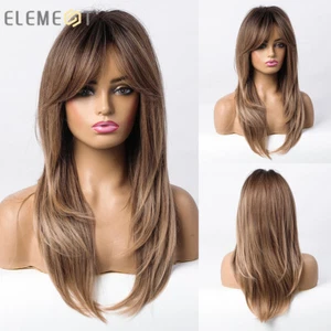 Long Straight Brown Blonde Layered Hair Wigs with Bangs For Women Cosplay Daily - Picture 1 of 19