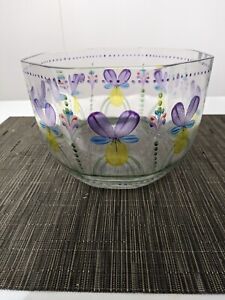 Orrefors Violet Hand Painted Crystal Bowl Vintage Sweden Glass