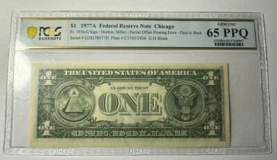 1977 A $1 FR1910-G PCGS 65 PPQ, Chicago GEM UNC FACE TO BACK PARTIAL OFFSET - Image 1 of 2