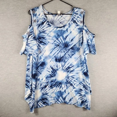 Camisa túnica Cato azul tingida feminina XL ombro frio manga curta boho - Imagem 1 de 4