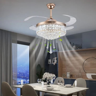 42" Invisible Crystal Ceiling Fan Light 3 Colors Hanging Fan Lamp Pendant Lamp - Image 1 of 4