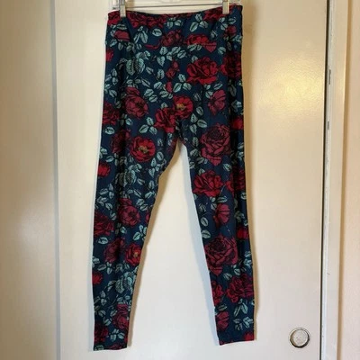 Leggings Lularoe altos y curvilíneos TC rojo rosa verde floral usados originales LLR Foto 1 de 4