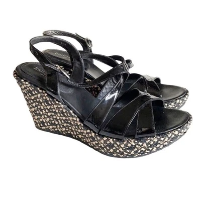 Sandalias de cuña de rafia con correa de charol negro Effie Eric Javits para mujer talla 9,5 M Foto 1 de 4