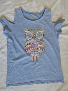 Childrens Place Heather Blue Cold Shoulder Cut Out Sequin Owl Graphic Top Sz 14 - Picture 1 of 13
