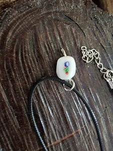 Handmade Necklace with rounded white rectangular bead with multicolored speckles - Picture 1 of 5