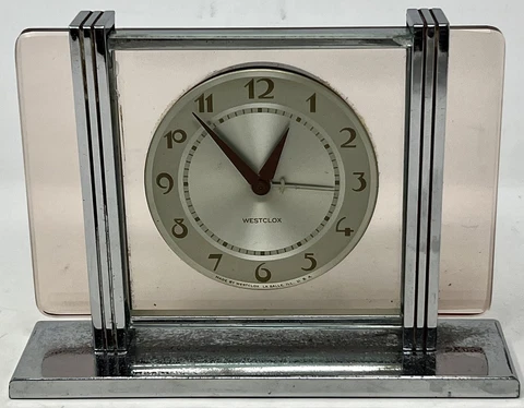Vintage WESTCLOX LELAND Art Deco Desk Clock Alarm Clock Pink Glass Chrome WORKS Cover