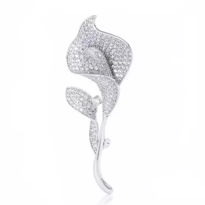 ZARD Calla Lilly Pin Brooch in Cubic Zirconia Crystal Pave and Fine Metal Plate - Image 1 of 4