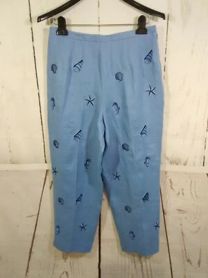 Talbots Irish Linen Pants Womens 10 Blue Embroidered Seashell Nautical Beach - Image 1 of 4