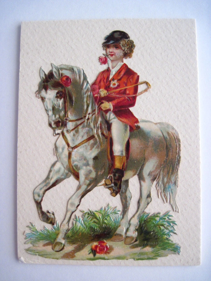 Troquelado vintage de mujer montando caballo blanco con rosas rojas * Foto 1 de 2