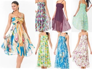 Damen Elastisch Träger Schulterfrei Magisch Knopf Sommer Kittel Chiffon Midikleid - Bild 1 von 25