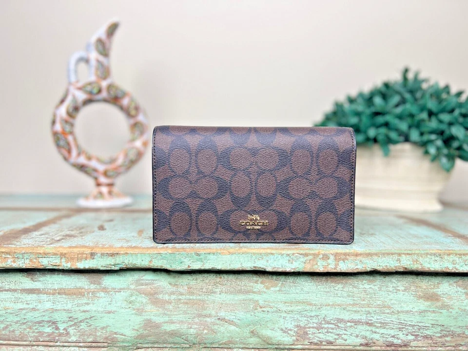 Coach Anna Foldover Crossbody Clutch Signature Canvas Women's Brown Black 3036
