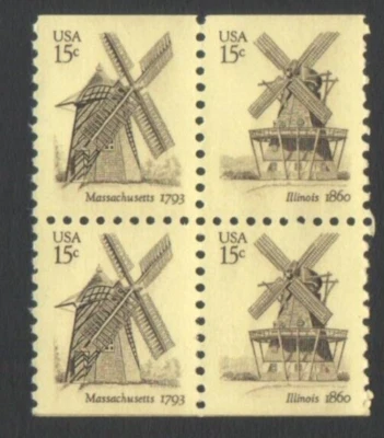 Unused US Postage Block 15 Cent Stamps WINDMILLS Massachusetts 1793 Illinois 186 - Image 1 of 2