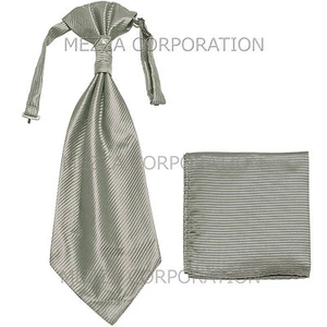 New Men's Polyester Ascot Cravat Necktie Hankie Stripes Gray wedding formal prom - Picture 1 of 2
