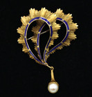 Spilla con smalti blu e perla in oro massiccio 18K vintage anni 