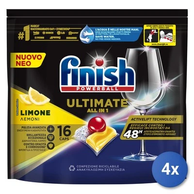 4x Finish Tabs Lavastoviglie 16 Pz. Ultimate All Limome Foto 1 de 3