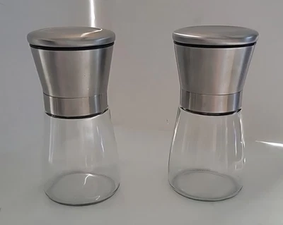 NEW Salt & Pepper Or Spice Grinders/Mills Brushed Aluminum & Glass 5.25" No Box - Image 1 of 4