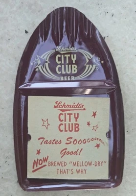 BONITO CENICERO DE METAL Y BANDEJA DE PUNTAS PUBLICIDAD CERVEZA SCHMIDT'S CITY CLUB VINTAGE Foto 1 de 4