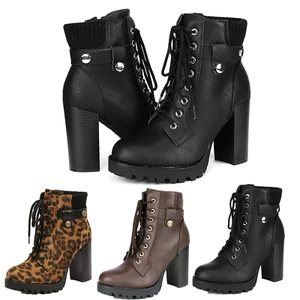 Women's Lace Up Chunky High Heel Ankle Booties Side Zipper Fashion Boots - Picture 1 of 20