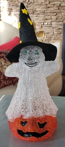 JACK-O-LANTERN DE PALOMITAS DE MAÍZ PLÁSTICO ACRÍLICO, Fantasma con Sombrero de Brujas SE ILUMINA - Imagen 1 de 11