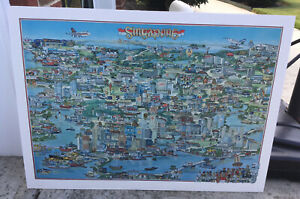 Vintage 1990 SINGAPORE City Map Illustration Poster by JEAN-LOUIS RHEAULT 39x26 