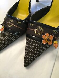 PRADA LEATHER PRINT FABRIC FLOWER STILETTO POINTED CLOSED TOE SLIDES MULES SHOES