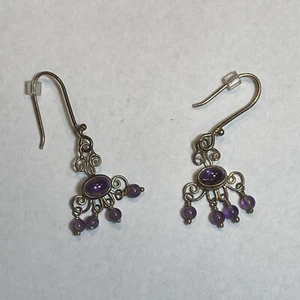 MNSM 925 CABOCHON GENUINE AMETHYST STONES PIGTAILED BEADS PIERCED EARRINGS - Picture 1 of 13