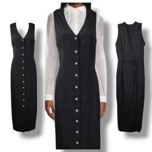 Vintage 90s Y2K Suit Pinstriped Button Down Midi Dress in Midnight Navy/Black - Picture 1 of 13
