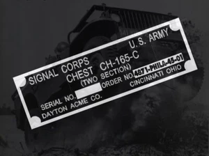 PLAQUETTE LABEL CHEST 165 C1 ... jeep US ww2 ENGINEERS - Foto 1 di 1