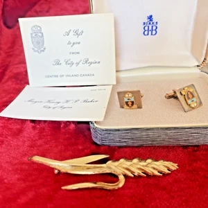 Birks City Of Regina Saskatchewan Cufflinks Golden Marcel Boucher Wheat Pin - Picture 1 of 2