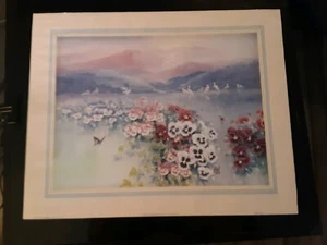 Vintage 1996 John Cheng Litho Print "Egrets with Pansies in the Lake" 16"x20" - Picture 1 of 3