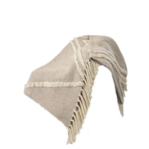 60" X 50" Cream Woven Cotton Herringbone Throw Blanket with Fringe - Picture 1 of 7