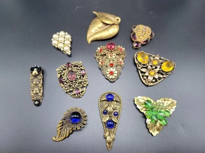 vintage y antiguo vestido clip y clip de piel lote vidrio latón pedrería filigrana Foto 1 de 4